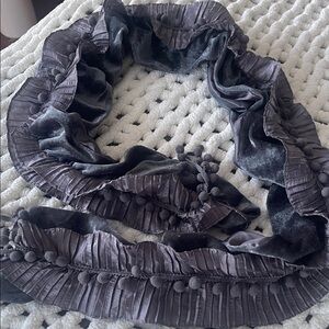 Tickled Pink Vintage. Pom Pom,ruffled. Elegant Scarf in Dark Gray. 64x6 in. EUC